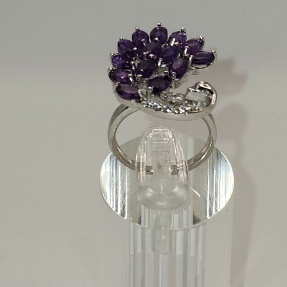 .925 Sterling Silver Amethyst & Cubic Zirconia Peacock Design Ring. Size 6 $690 - Picture 3 of 6